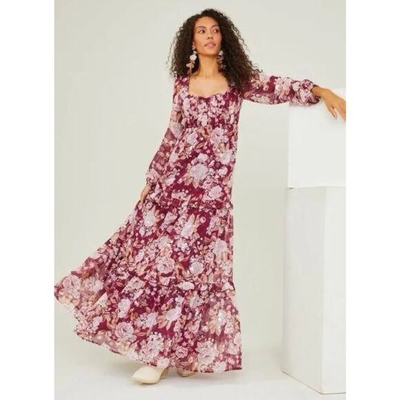 Altar’d State Womens‎ Burgundy Sequin Floral Maxi Dress Open Back Size Small - Picture 1 of 16